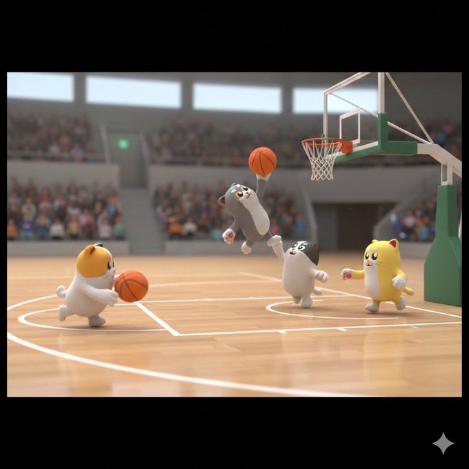 A 3D-rendered scene shows cute cartoon cats playing basketball in an arena, with one cat dunking the ball while others watch on the court.