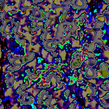 An abstract, colorful digital image featuring swirling patterns of blue, green, yellow, and pink with wavy lines.