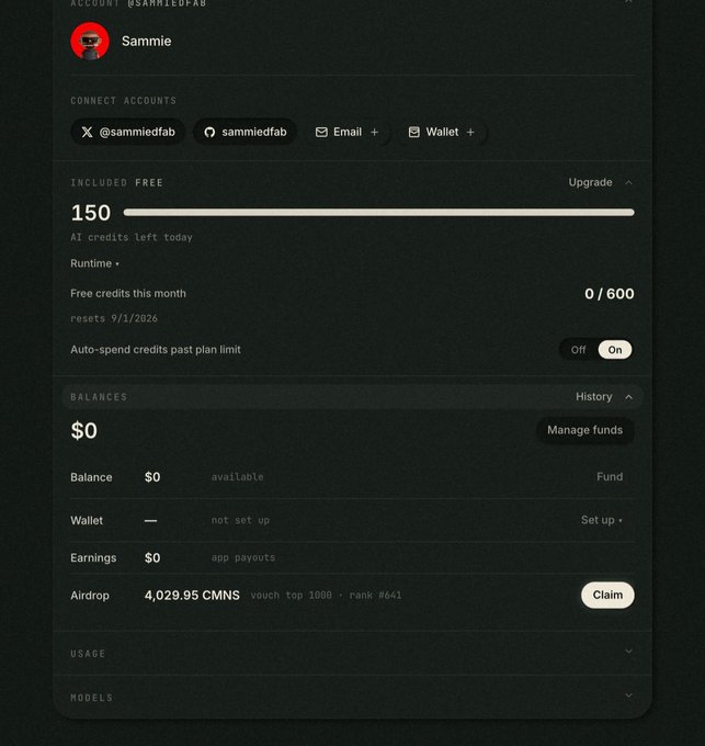 An account dashboard for user 'Sammie' (@sammiedfab) showing account connections, 150 included free credits with 0/600 free credits used this month, $0 balance, and 4,029.95 CMNS airdrop available to claim.