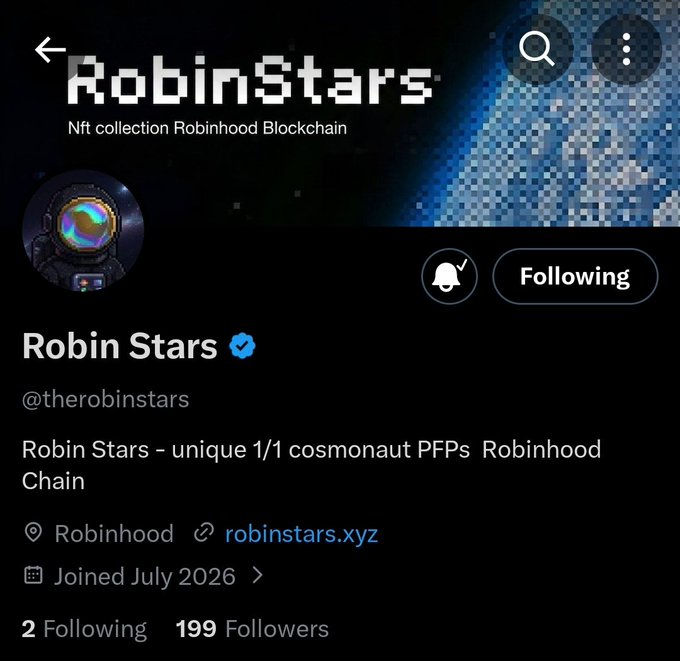A Twitter/X profile for "Robin Stars" (@therobinstars), verified account with 199 followers, describes itself as "unique 1/1 cosmonaut PFPs" on the Robinhood Chain. The bio aligns with the post's note about early NFT finds, featuring a pixelated astronaut avatar with a colorful helmet against a space-themed banner.