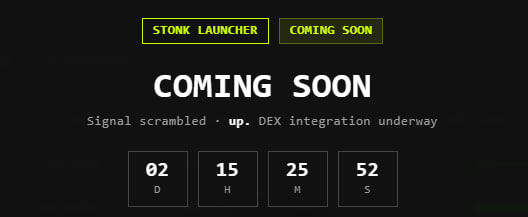 The image shows a "Coming Soon" teaser page for the "STONK LAUNCHER," featuring a countdown timer at 02 days, 15 hours, 25 minutes, and 52 seconds, with text stating "Signal scrambled · up. DEX integration underway." This visual supports the post's announcement that StonkBrokers is preparing to launch Stonk Launcher on Robinhood Chain, building anticipation and FOMO among potential users.