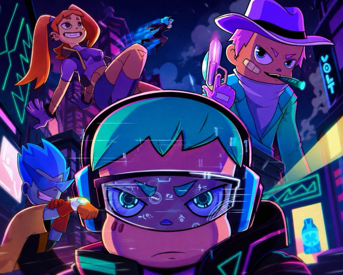 Colorful digital art featuring a chibi-style character with a VR headset in the foreground, with other cartoon characters including a redhead, a figure in a purple cowboy hat with "VOLT" in the background, and a blue-haired figure.
