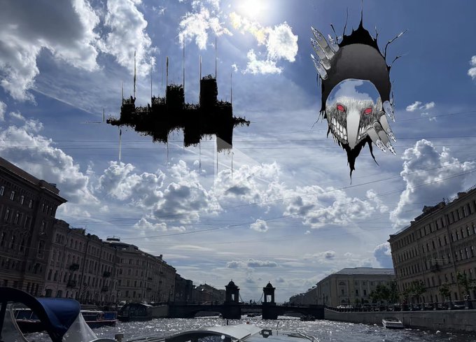 A surreal composite image showing a city canal under a cloudy sky, with two strange floating objects in the air: a black silhouette of a building dripping downward and a torn hole revealing a monstrous creature with red eyes.