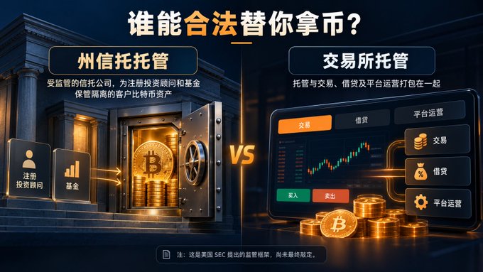 A Chinese-language graphic comparing State Trust Custody (州信托托管) versus Exchange Custody (交易所托管) for Bitcoin, featuring a vault and a trading interface around a central "VS".