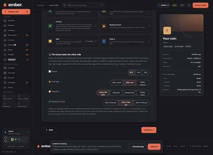 A screenshot of the Ember cryptocurrency platform interface, showing the 'Create a coin' workflow with market settings for a coin named 'Solana' at $10.00 mc.