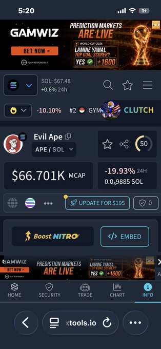 The image shows a smartphone screen displaying various app icons and descriptions. The main focus of the image is an app called "GAMWIZ" with a description that reads, "Prediction markets are live! Predict markets are live!". Below this, there's another app named "ROLLING ROBOTS". The background color of the image is black, which contrasts with the white text and icons.