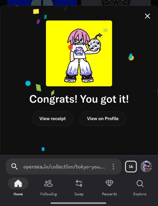 A mobile app screenshot celebrating 'Congrats! You got it!' with an NFT artwork of a character holding a mask, from an OpenSea collection 'tokyo-you...' on what appears to be a digital collectibles platform.