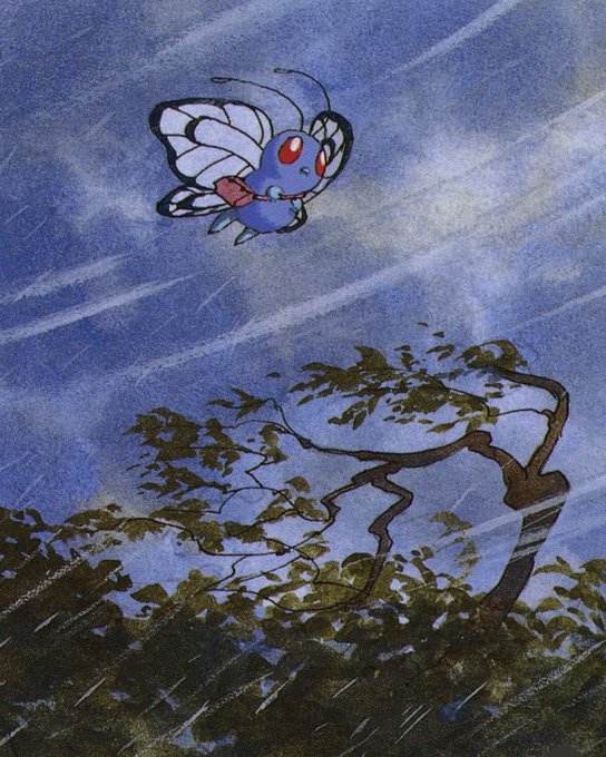 A stylized illustration of a blue, round creature with white wings and red eyes flying through a rainy, dark blue sky above silhouetted trees.