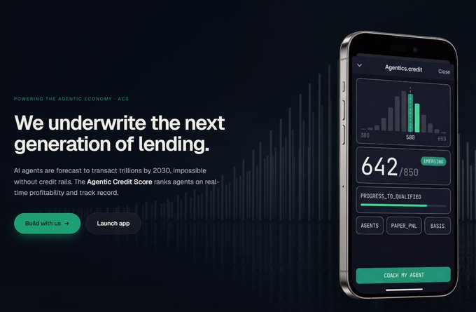 A website landing page for 'agentics.credit' featuring the tagline 'We underwrite the next generation of lending' and showcasing a mobile app interface displaying an Agentic Credit Score of 642/850.