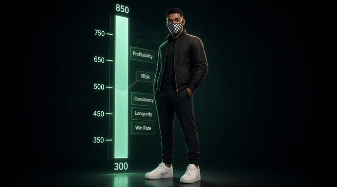 A person wearing a checkered mask stands next to a glowing vertical meter ranging from 300 to 850, with metrics labeled Profitability, Risk, Consistency, Longevity, and Win Rate.