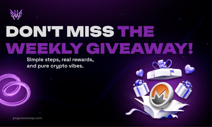 Captivating promotional graphic with text 'DON'T MISS THE WEEKLY GIVEAWAY! Simple steps, real rewards, and pure crypto vibes.' featuring the website pegasus-swap.com, alongside images of gift boxes and a Monero-style cryptocurrency logo on a dark purple background.