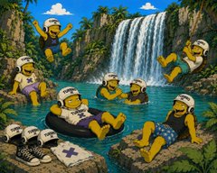 A colorful cartoon image depicting multiple Pepe the Frog characters in a tropical paradise setting, wearing various outfits like construction hats and swimsuits, relaxing by a waterfall and swimming in a pool.