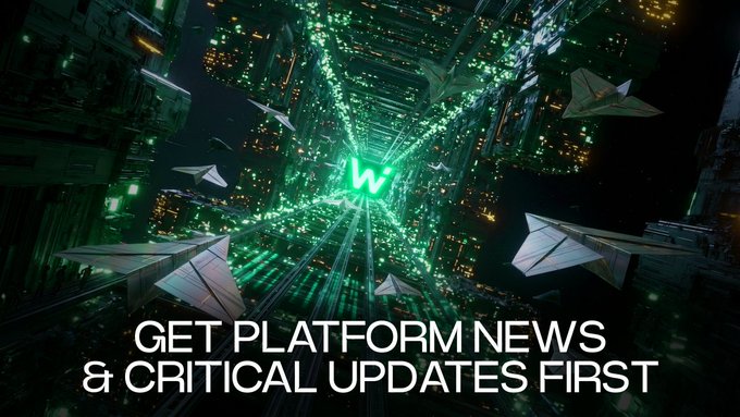 A futuristic cyberpunk cityscape illuminated in green features a glowing W logo at the center of a digital tunnel, surrounded by angular spacecraft. The text reads "GET PLATFORM NEWS & CRITICAL UPDATES FIRST," promoting the WOOXcommunity Telegram channel for real-time updates. The high-tech aesthetic reinforces the post's call to join for instant platform news and alpha.