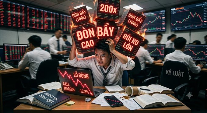 A stressed Vietnamese trader at his desk is crushed under fiery boxes labeled "ĐÒN BẨY (100x)," "ĐÒN BẨY CAO," "RỦI RO LỚN," and "200x," while his monitor flashes "LỖ RỘNG -12.8%" and "CALL MARGIN" — visually embodying the post's warning that beginners chasing quick riches with high leverage end up burning their accounts due to lack of knowledge and discipline.