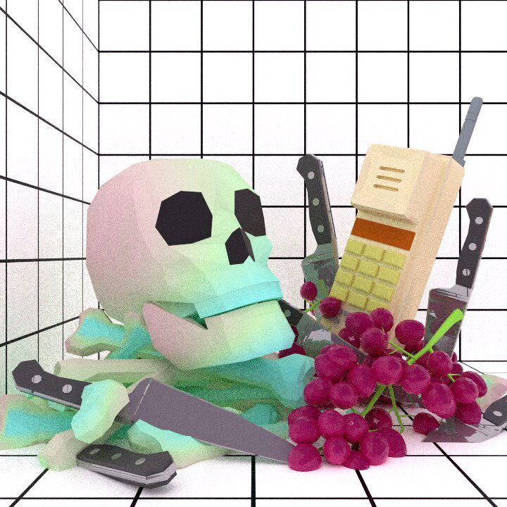 The image features a skull with a phone and knives surrounding it. The skull appears to be made of paper mache or clay, giving it a unique appearance. The objects are placed on a white tiled floor, which contrasts with the dark colors of the skull and its surroundings. The image also includes a post that discusses the challenges faced by digital art in the blockchain world, such as data loss, hacking, and the eventual decline of alt chains due to these issues.