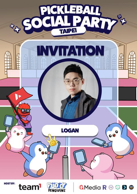 A colorful “PICKLEBALL SOCIAL PARTY — TAIPEI INVITATION” poster features a portrait of KOL Logan surrounded by cartoon penguins playing pickleball. Sponsor logos include team¹, Pudgy Penguins, GMedia, R, WeChat, Telegram, Bitget, and Bitget Wallet, supporting the Taipei KOL pickleball competition.