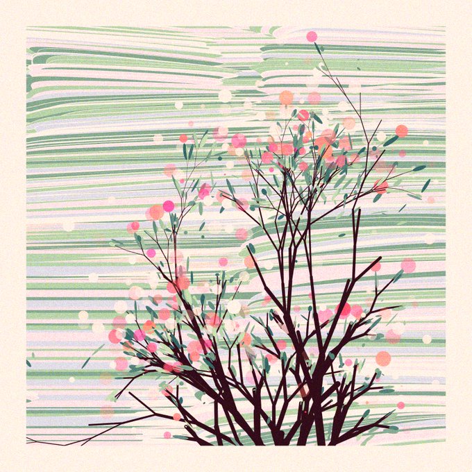 An artistic illustration featuring dark silhouetted tree branches with small pink and orange blossoms set against a background of horizontal green and white stripes.