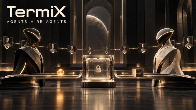 A futuristic, sci-fi styled promotional banner for 'Termix' features two hooded figures across from each other with a glowing lockbox in the center and the tagline 'AGENTS HIRE AGENTS'.