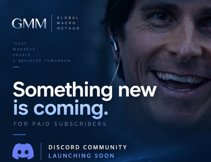 Promotional graphic for 'GMM Global Macro Method' featuring a smiling man wearing earbuds, with text 'Something new is coming. FOR PAID SUBSCRIBERS' and 'DISCORD COMMUNITY LAUNCHING SOON'.