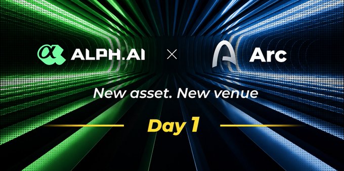 A promotional graphic announcing ALPH.AI as a Day 1 launch partner with Arc, featuring both logos against a dynamic green and blue light-streaked background, with the text "ALPH.AI × Arc" and "New asset. New venue — Day 1" reinforcing the collaboration teased in the accompanying post.
