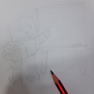 A pencil sketch of a blocky, Minecraft-style character holding a book and pointing toward a blank easel on paper.