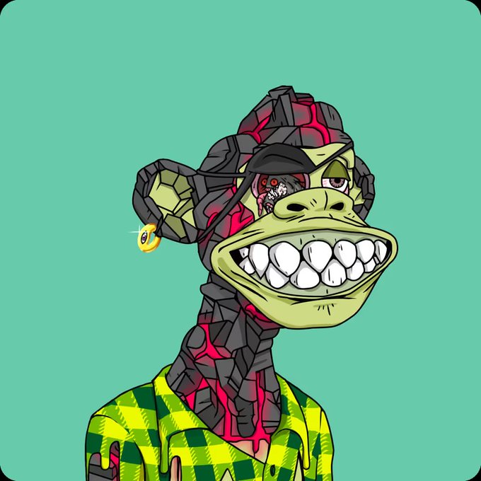 A cartoon-style NFT illustration of a dinosaur character with a wide toothy grin, wearing a green and yellow checkered shirt and a gold '8' earring.