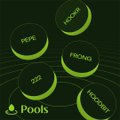 The image shows a collection of 3D-styled coin tokens labeled "PEPE," "MEME," and "POOLS," with a caption highlighting "Pools" at the bottom. The image relates to the post by visually emphasizing $POOLS among other popular meme coins, aligning with the author's note that it's the only token they've recently lost money on while still holding.