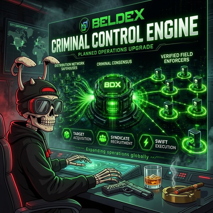 A digital illustration of a skeletal figure in a bunny-eared beanie typing at a control console, with a large screen displaying the "BELDEX CRIMINAL CONTROL ENGINE" interface and related text like "TARGET ACQUISITION" and "SWIFT EXECUTION".