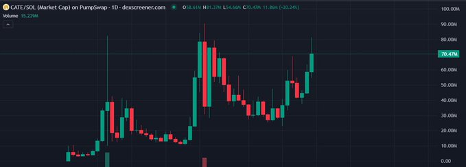 A candlestick chart showing the market cap of CATE on the SOL network on PumpSwap, with the value at 58.61K and a 24-hour change of +20.24%, showing an upward trend.