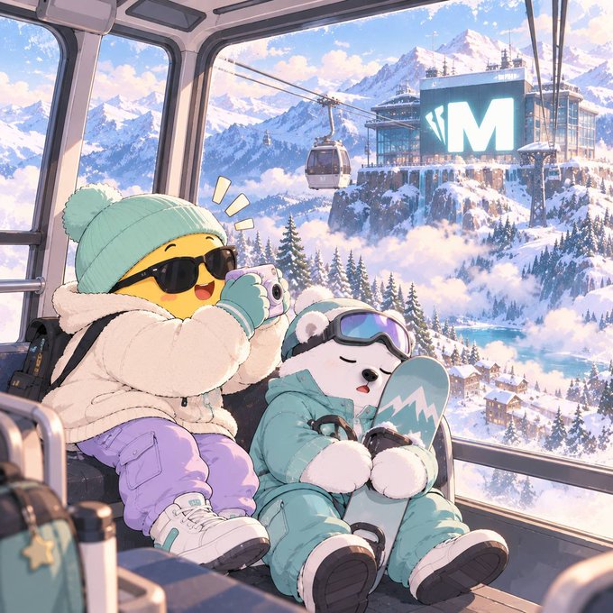 An illustrated scene of a yellow emoji-like character and a polar bear wearing ski gear riding a cable car past snowy mountains.