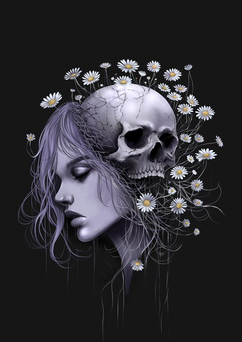 An artistic illustration featuring a woman's profile merged with a cracked skull and surrounded by white daisies against a black background.