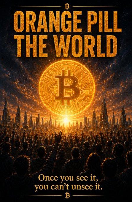 A dramatic poster-style image with the text 'ORANGE PILL THE WORLD' and 'Once you see it, you can't unsee it,' featuring a glowing Bitcoin symbol above a crowd of silhouetted figures.