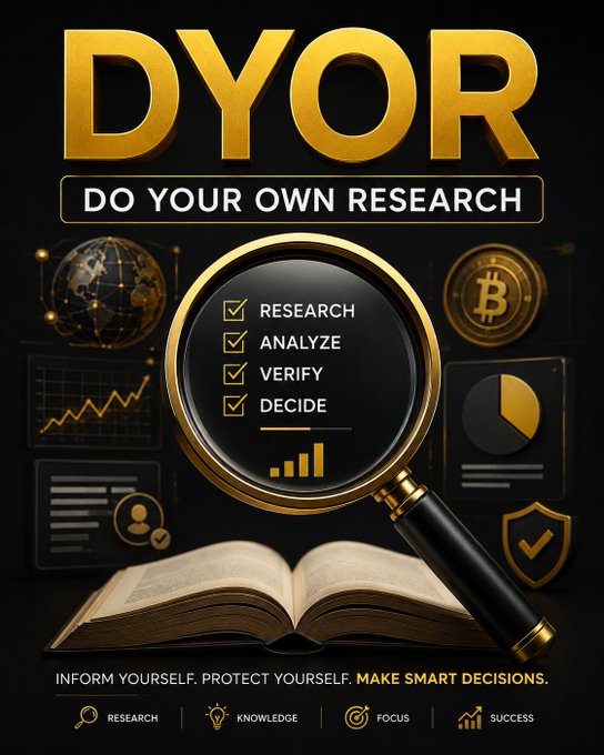 A DYOR (Do Your Own Research) crypto-themed poster with gold and black design featuring a magnifying glass, checklist with "Research, Analyze, Verify, Decide," and the tagline "Inform Yourself. Protect Yourself. Make Smart Decisions."
