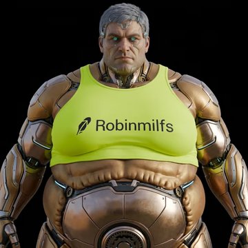 Digital artwork of a muscular cyborg character with grey hair and a yellow tank top displaying the logo and text 'Robinmilfs'.