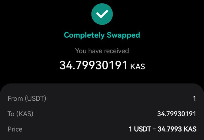 A swap confirmation screen showing "Completely Swapped" with 34.79930191 KAS received from 1 USDT at a rate of 1 USDT = 34.7993 KAS, representing the daily $1 purchase of Kaspa as part of the Day 900 milestone in the ongoing accumulation challenge.