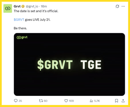 A tweet from Grvt (@grvt_io) announces that "$GRVT goes LIVE July 21," with a bold graphic displaying "$GRVT TGE" (Token Generation Event). The post marks the official launch date of the GRVT token, aligning with the accompanying caption's note that the project officially launches after 3 years of development.