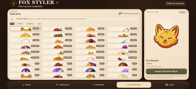 A screenshot of the 'FOX STYLER' interface showing a selection of prototype treats for dressing up a fox companion, with a 'Fox Biscuit' treat currently selected on the right side.