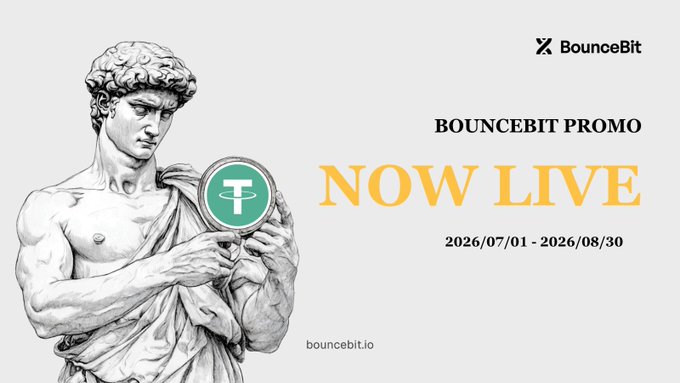 The promotional image features a classical statue holding a green USDT coin alongside the "BounceBit Promo NOW LIVE" announcement, dated 2026/07/01 - 2026/08/30, promoting the USDT deposit campaign offering 10% fixed APR on BNB Chain with a $1M cap.