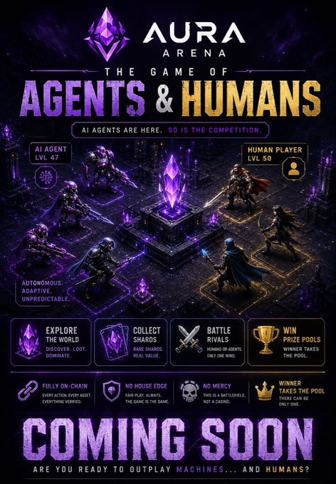 The image features a poster advertising an upcoming game called "Agents & Humans" that takes place at Aura Arena. The poster showcases a group of agents, each armed with different weapons, engaged in combat within a virtual world. The agents are positioned on various platforms and are equipped with swords, shields, and other tools to aid them in their battles.

The game is set against the backdrop of a purple sky, which adds a unique visual element to the poster. The text on the poster highlights that the game will be available for purchase soon, indicating its release date. It also mentions that players can expect to explore new worlds and engage with AI Agents in this immersive gaming experience.