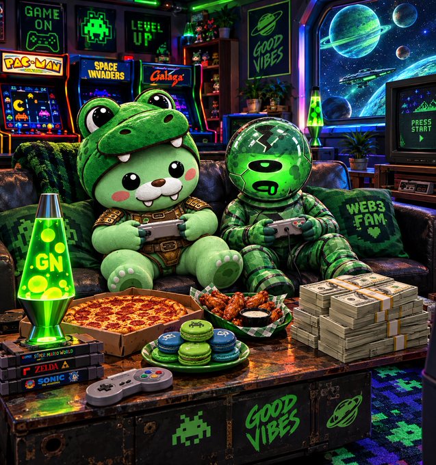 A neon-lit retro gaming room scene with plush characters playing video games, surrounded by pizza, macarons, chicken wings, and a stack of money.