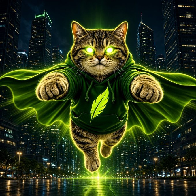 Image 2: A stylized digital illustration of a tabby cat wearing a green hoodie with a leaf logo and a flowing green cape, with glowing green eyes, posed against a dark city skyline backdrop.