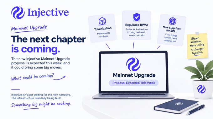 A promotional graphic for Injective announcing 'Mainnet Upgrade' with the headline 'The next chapter is coming,' showing a laptop displaying 'Proposal Expected This Week' alongside features like 'Tokenization,' 'Regulated RWAs,' and 'New Surprises for $INJ.'