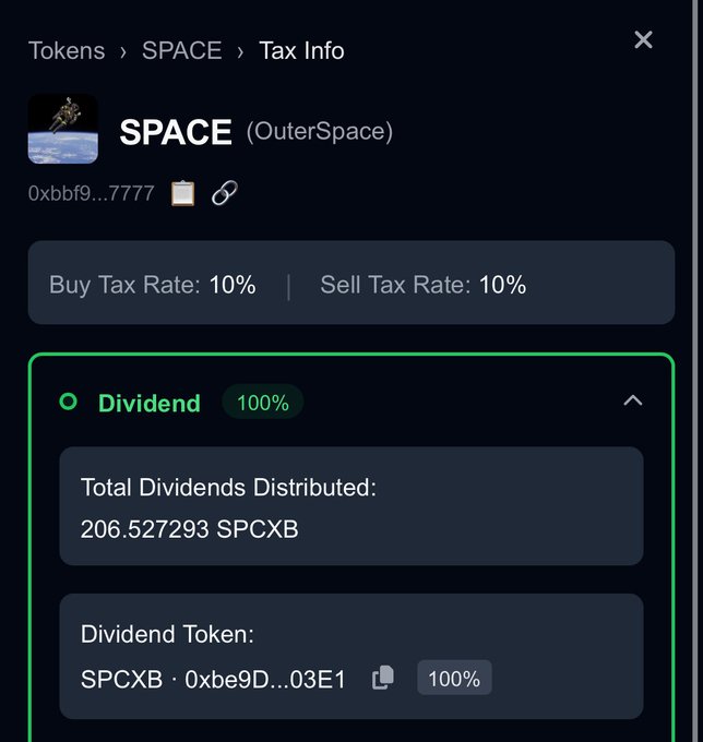 A dark-themed crypto tax info panel for the token SPACE (OuterSpace), contract 0xbbf9...7777, showing a 10% buy/sell tax and a Dividend section where 100% of rewards are paid in SPCXB, with 206.527293 SPCXB total dividends distributed to holders.