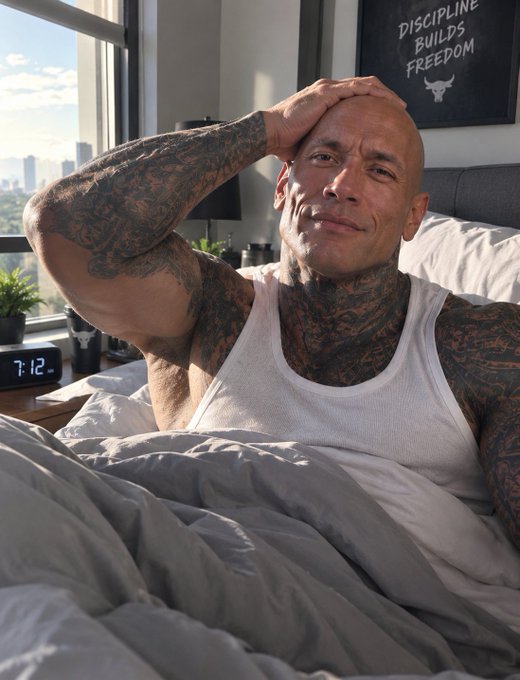 A bald, tattooed man in a white tank top lying in bed with a 'DISCIPLINE BUILDS FREEDOM' sign visible in the background.