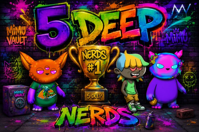 A vibrant graffiti-style mural featuring '5 DEEP NERDS' text with cartoon characters including an orange cat-like figure, a person in a green cap, and a pink monster character, surrounding a golden '#1 NERDS' trophy.