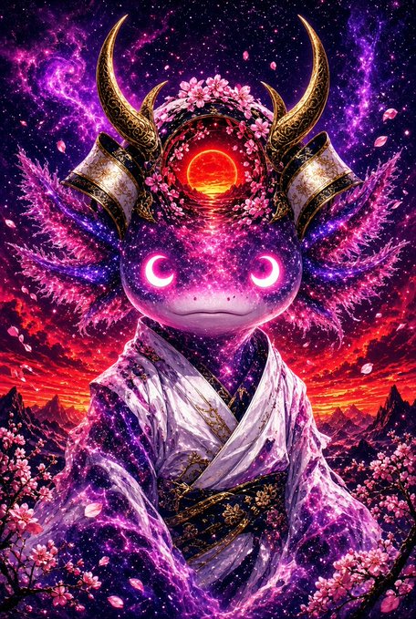 A vibrant fantasy illustration of an axolotl in a samurai kimono with glowing pink eyes, set against a cosmic backdrop featuring a red moon and cherry blossoms.