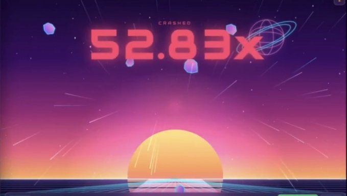 A video game screen showing a crash result of "52.83x" with retro synthwave aesthetics featuring a sun, starfield, and floating geometric shapes.
