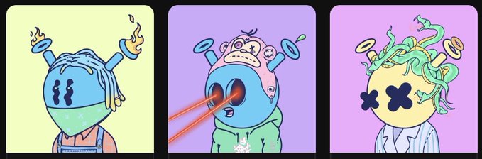 Three stylized cartoon characters with round blue heads featuring red knobs, each in a distinct variation: one with a mask and flames, one wearing a pink monkey hoodie shooting laser eyes, and one with green plant-like hair wearing a white lab coat with X-shaped eyes.
