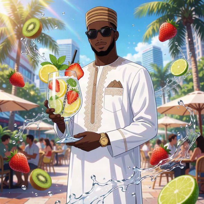 A vibrant anime-style illustration of a man wearing sunglasses, a white traditional outfit, and a gold watch, holding a large fruit cocktail garnish with strawberries, kiwis, and lime slices, set in a tropical cafe setting.