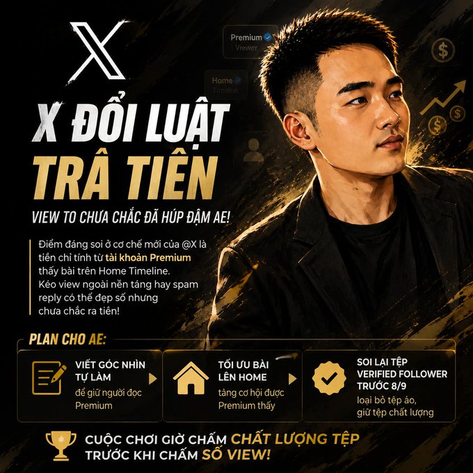 A promotional graphic in Vietnamese featuring a man in a suit next to the X (Twitter) logo, advertising a service called 'X ĐỔI LUẬT TRẢ TIỀN' for trading X Premium views.